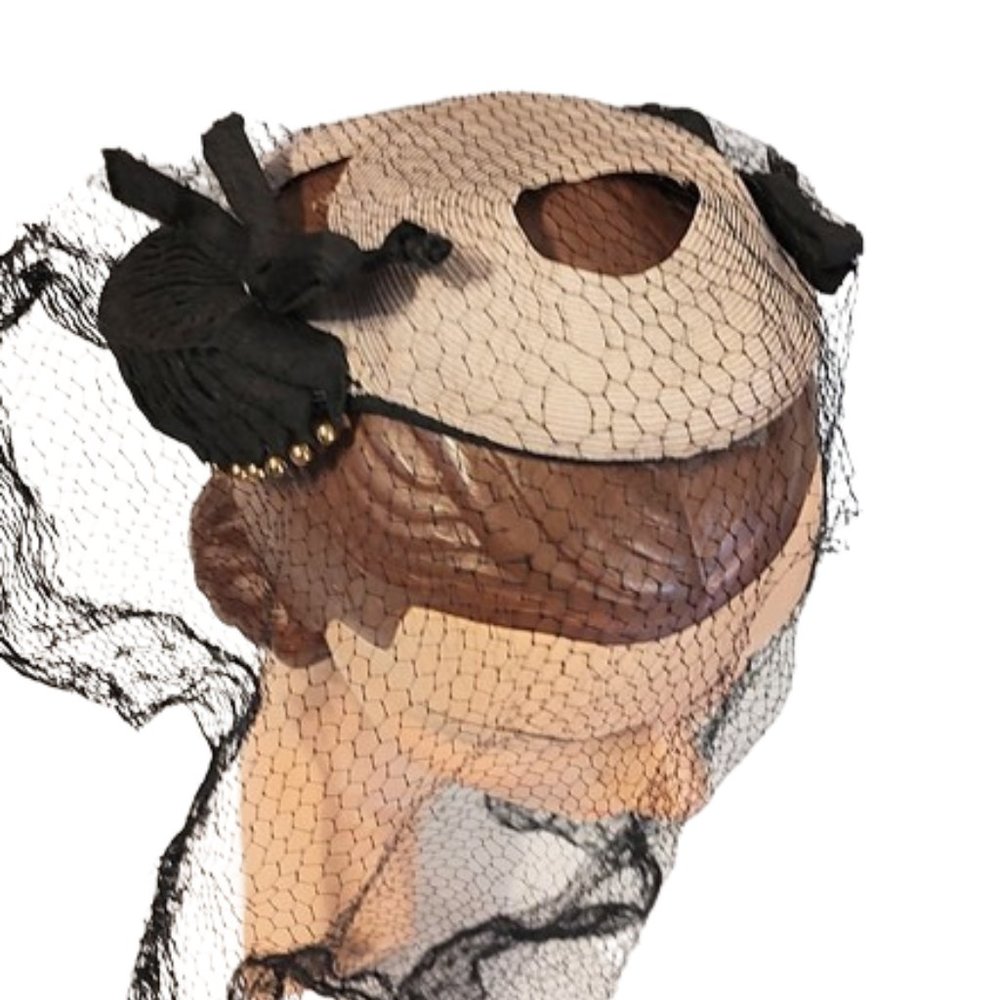 1940s Vintage Small Tan & Black Calot Juliet Hat With Black Full Chapel Veil - Picture 7 of 9